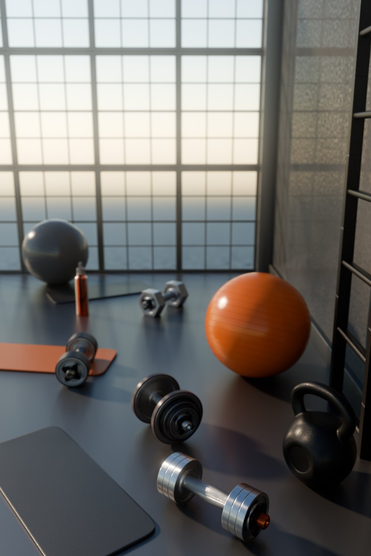 Modern fitness studio interior with sports gear and panoramic window at sunset. 3d rendering